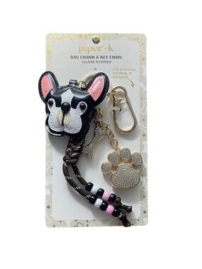 NWT Piper K French Bulldog Keychain Bag Charm with Gold Paw and Bone Charm